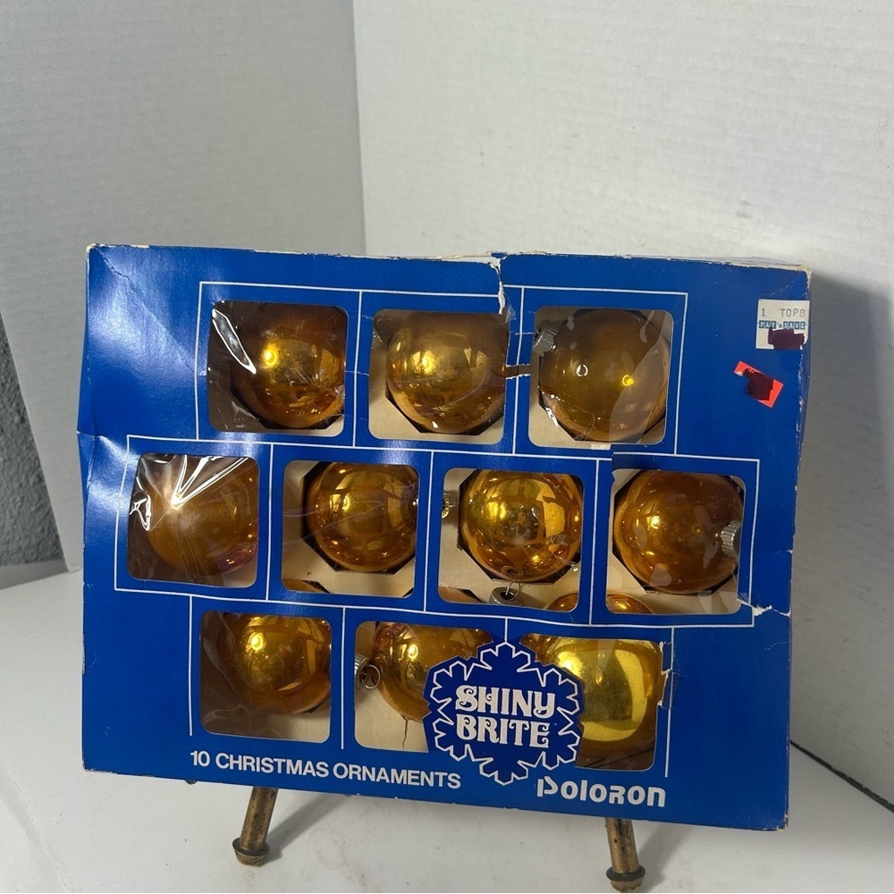 Vintage Shiny Brite Poloron Glass Christmas Tree Ornament Ball Gold Set of 10